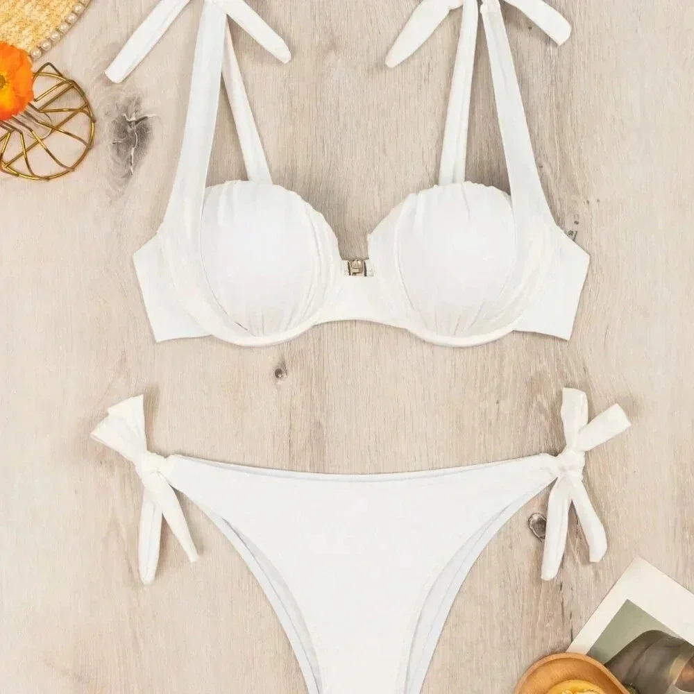 White Women's Beach Bikini Set With Underwire And Lace-Up Detail